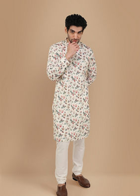 Off White Side Open Floral Print Kurta image number 1